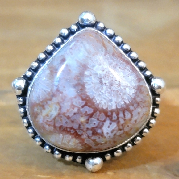 Vintage Jewelry - Silver Ring 925 Jewelry Flower Fossil Agate Women Size 9 Western Native …